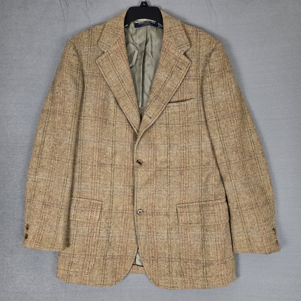 Vintage Brooks Brothers Blazer Mens 39L Brown BrooksTweed Woolā Plaid USA